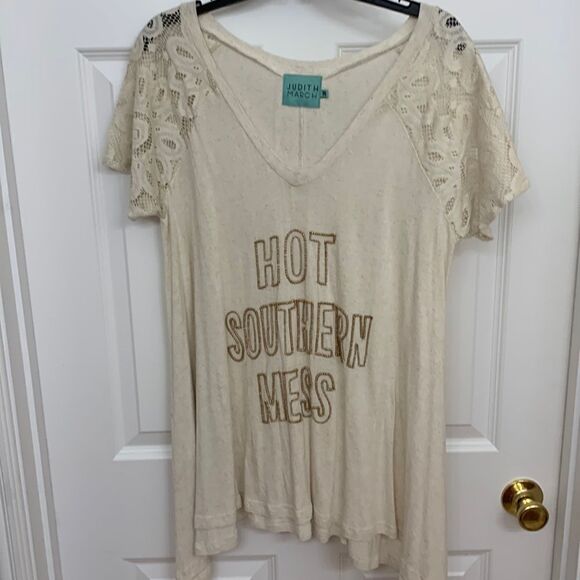 Judith March Sz Medium Hot Southern Mess bling tee/tunic w/crochet/lace sleeves - Picture 1 of 10